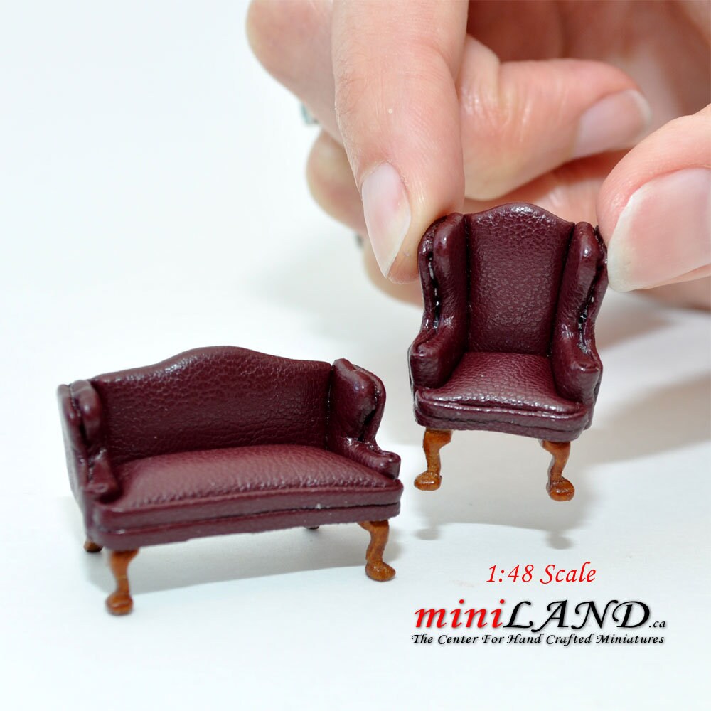 Ensemble canapé et fauteuil à oreilles en cuir Queen Anne, échelle 1/4" 1/4, marron/rouge, noyer de qualité supérieure pour miniature de maison de poupée