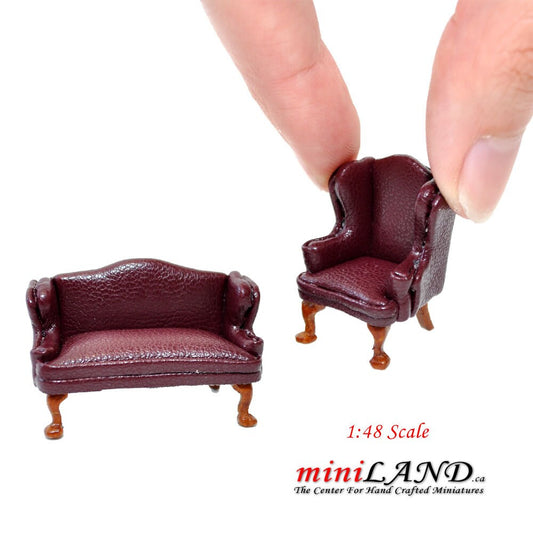 Ensemble canapé et fauteuil à oreilles en cuir Queen Anne, échelle 1/4" 1/4, marron/rouge, noyer de qualité supérieure pour miniature de maison de poupée