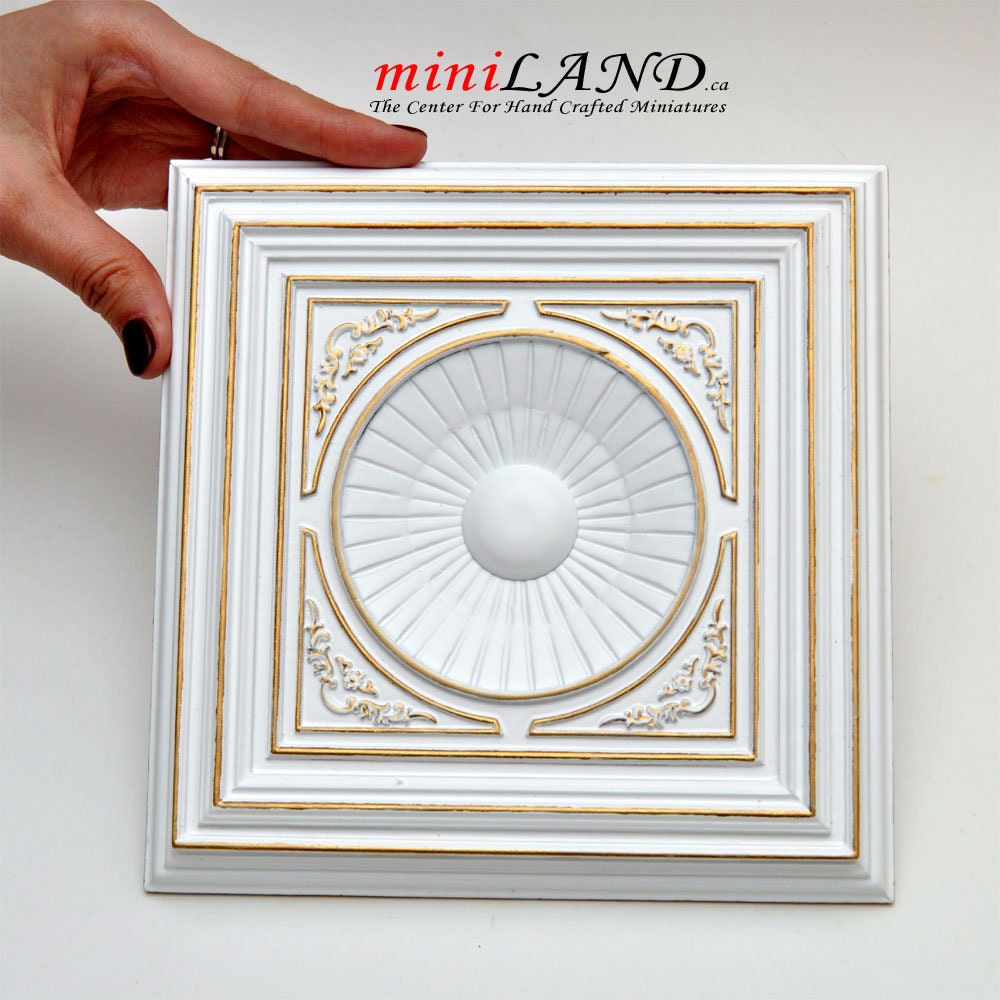 White Dome with frame 6.75"x6.75" Royal ceiling panel dollhouse miniature 1:12 ceiling medallion wood decoration