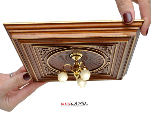 Walnut Dome with frame 6.75"x6.75" Royal ceiling panel dollhouse miniature 1:12 ceiling medallion wood decoration
