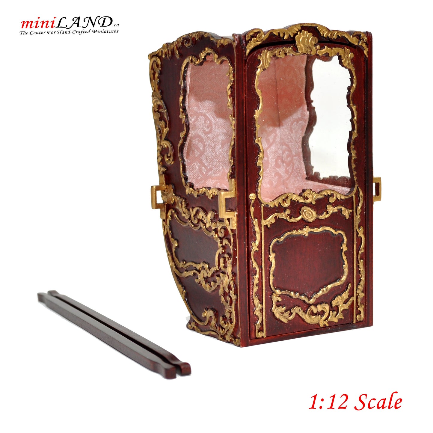 Mini Handcrafted Italian Sedan Chair (Litter) 19th Century style for 1:12 dollhouse miniatures Mahogany color