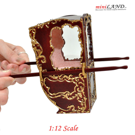 Mini chaise à porteurs italienne artisanale (litière) de style XIXe siècle pour miniatures de maison de poupée 1:12 couleur acajou