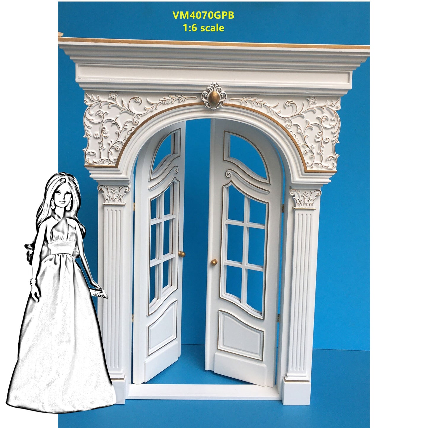 1:6 Scale white Fancy craved Victorian French door for Barbie Fashion royalty size dollhouse miniature Handcrafted Limited Edition VM4070