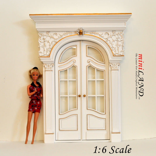 1:6 Maßstab weiße ausgefallene viktorianische französische Tür für Barbie Fashion Royalty Größe Puppenhaus Miniatur Handgefertigt Limitierte Auflage VM4070