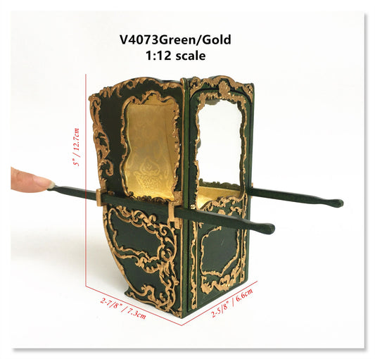 Mini chaise à porteur italienne artisanale (litière) style XIXe siècle pour miniatures de maison de poupée 1:12 Vert