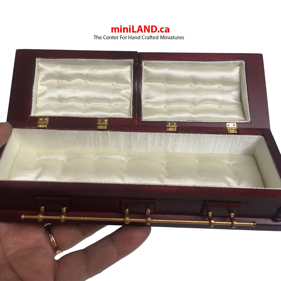 1:12 Scale Wooden miniature coffin casket Mahogany color with brass metal rod handles dollhouse Funeral buried
