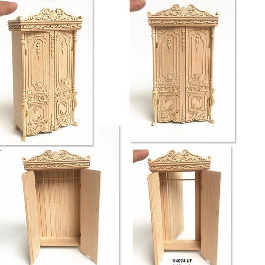 Armoire à porte de secours cachée Armoire victorienne sculptée avec une porte de secours cachée, fabriquée à la main pour les miniatures de maisons de poupées 1:12. V4074