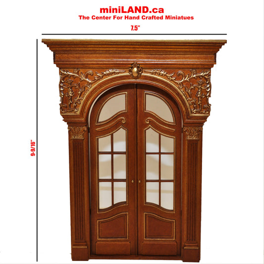 Porte française élégante en bois fabriquée à la main de style victorien, fabriquée à la main, d'excellente qualité pour maison de poupée miniature 1:12 en noyer avec impression dorée