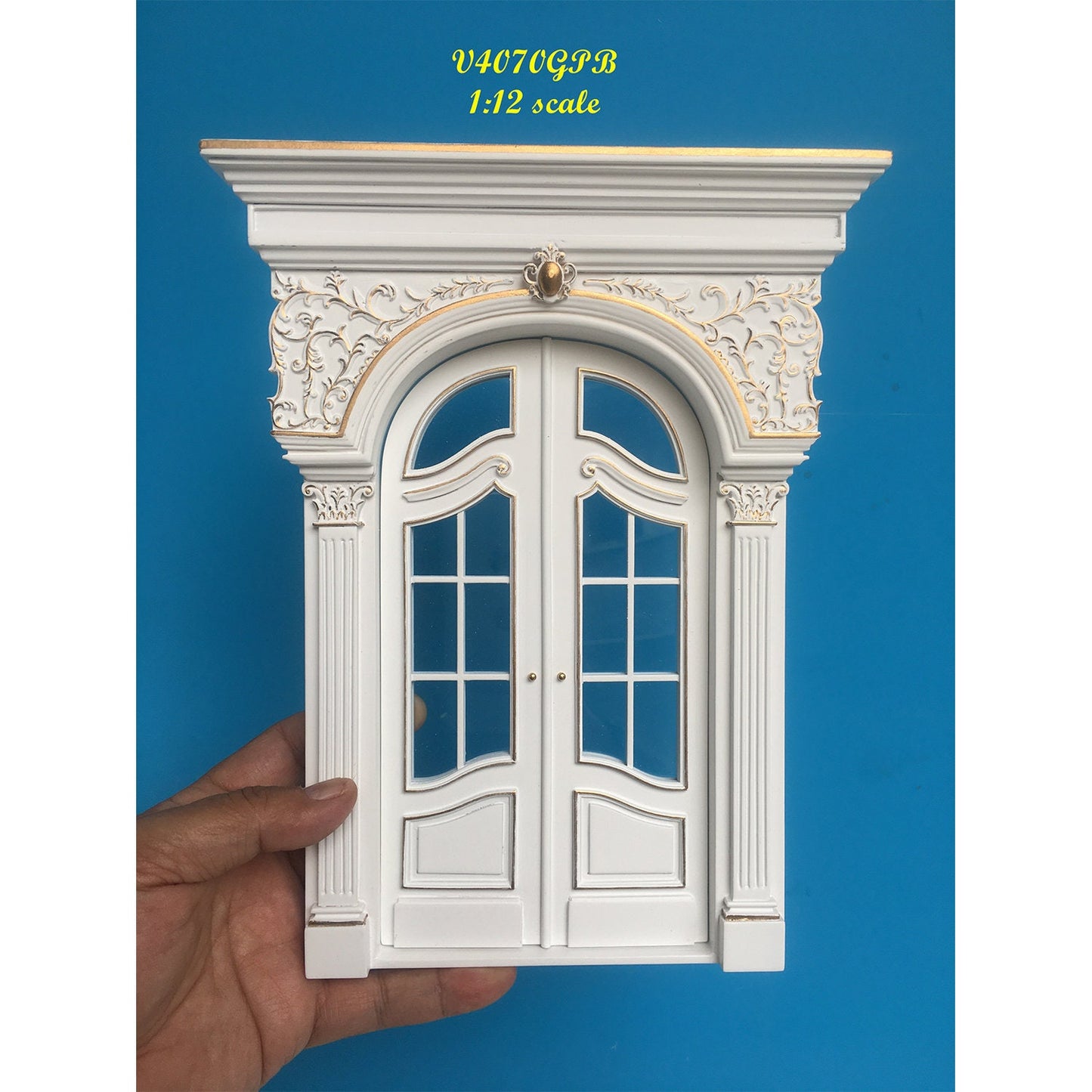 Fancy Victorian Handcrafted wooden Elegant French door Handmade Excellent quality for 1:12 dollhouse miniature WHITE with gold impression