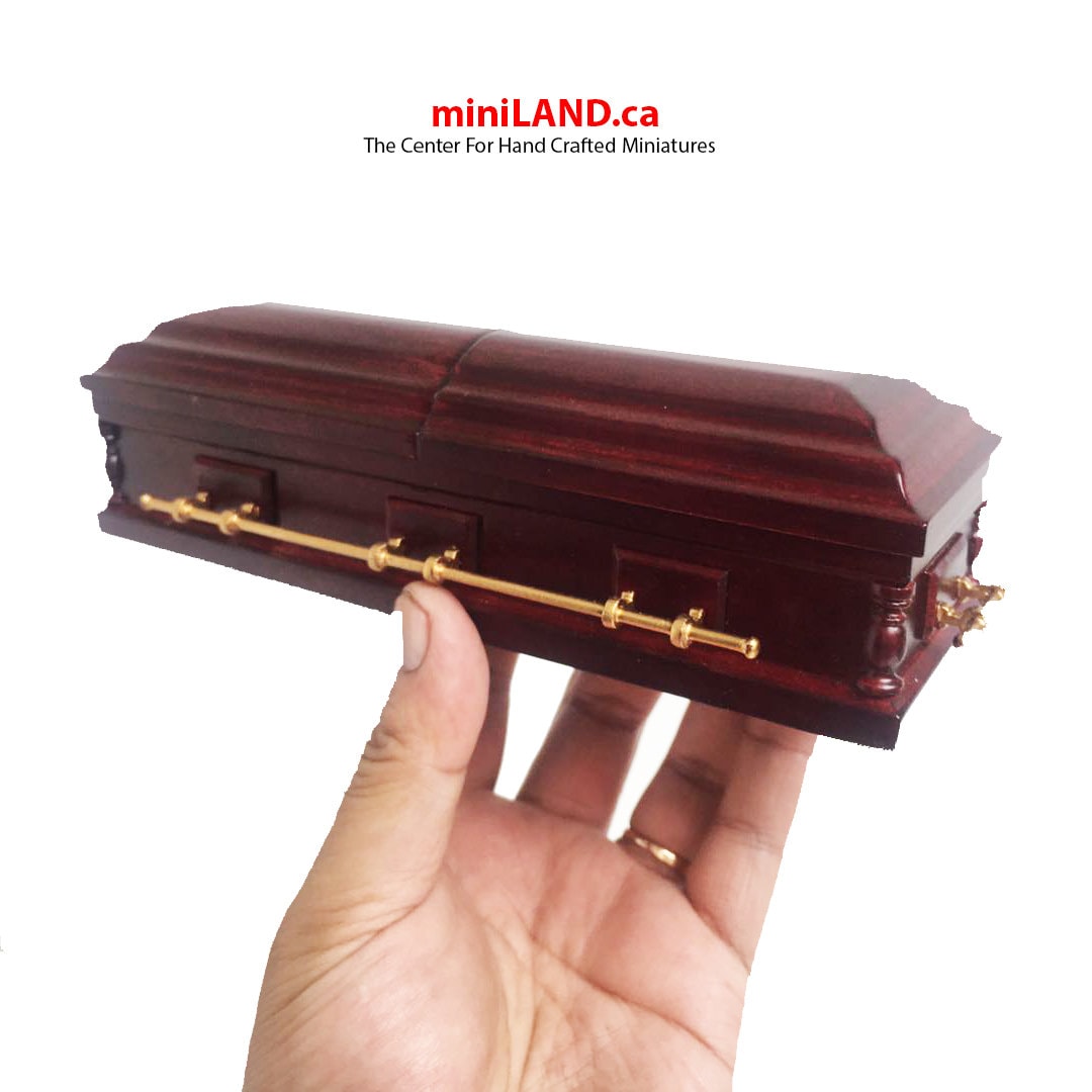 1:12 Scale Wooden miniature coffin casket Mahogany color with brass metal rod handles dollhouse Funeral buried