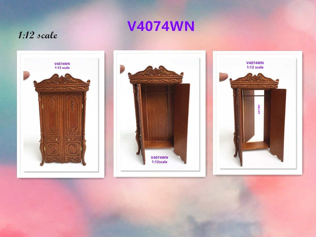 A Hidden Escape Door Wardrobe ARMOIRE Victorian carved cupboard with a hidden escape door handcrafted for 1:12 dollhouse miniatures V4074