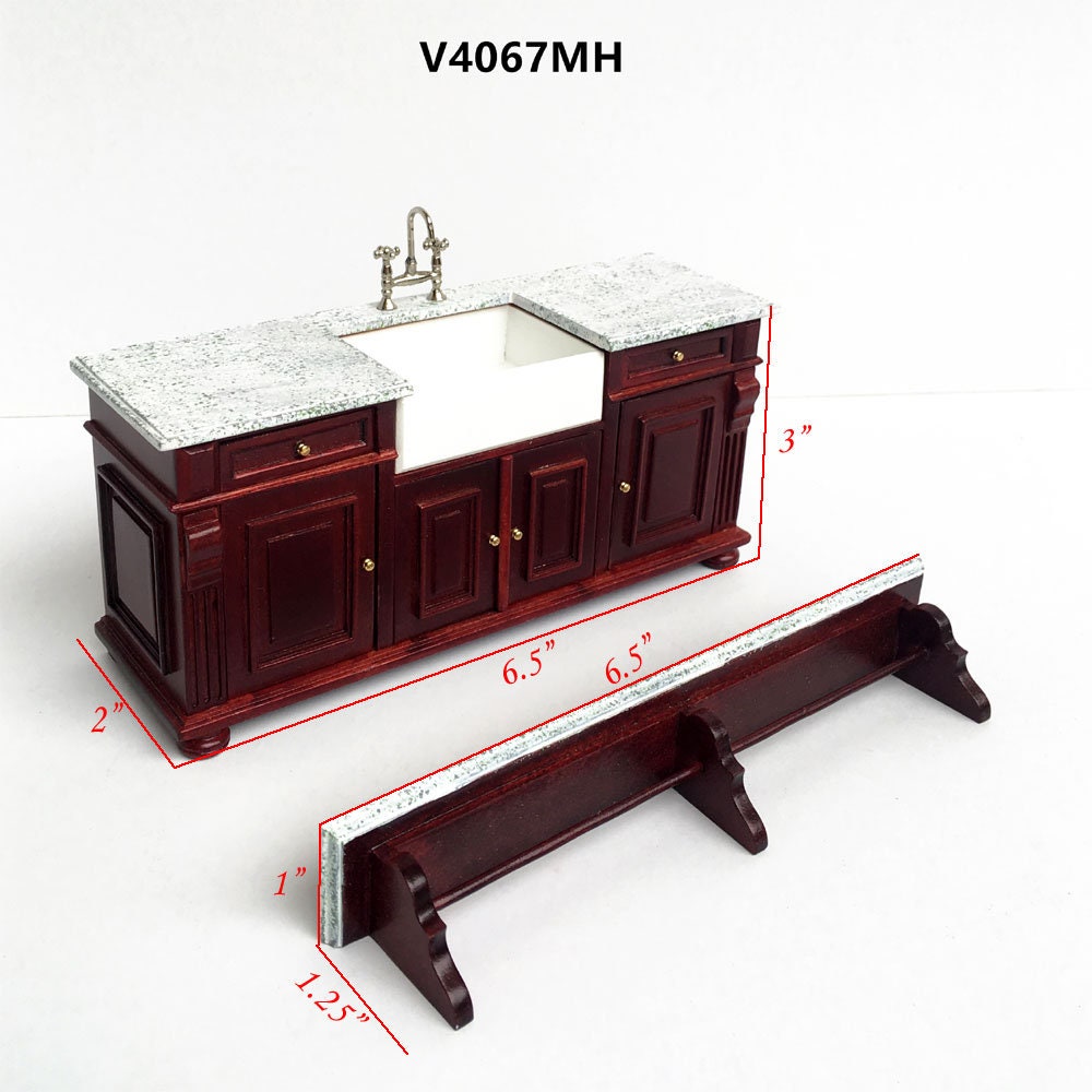 Mahogany Victorian quality Kitchen sink unit counter with shelf metal sink top 1:12 dollhouse miniature
