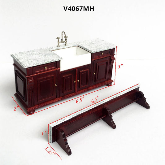 Évier de cuisine en acajou de qualité victorienne avec étagère et dessus d'évier en métal 1:12 miniature de maison de poupée