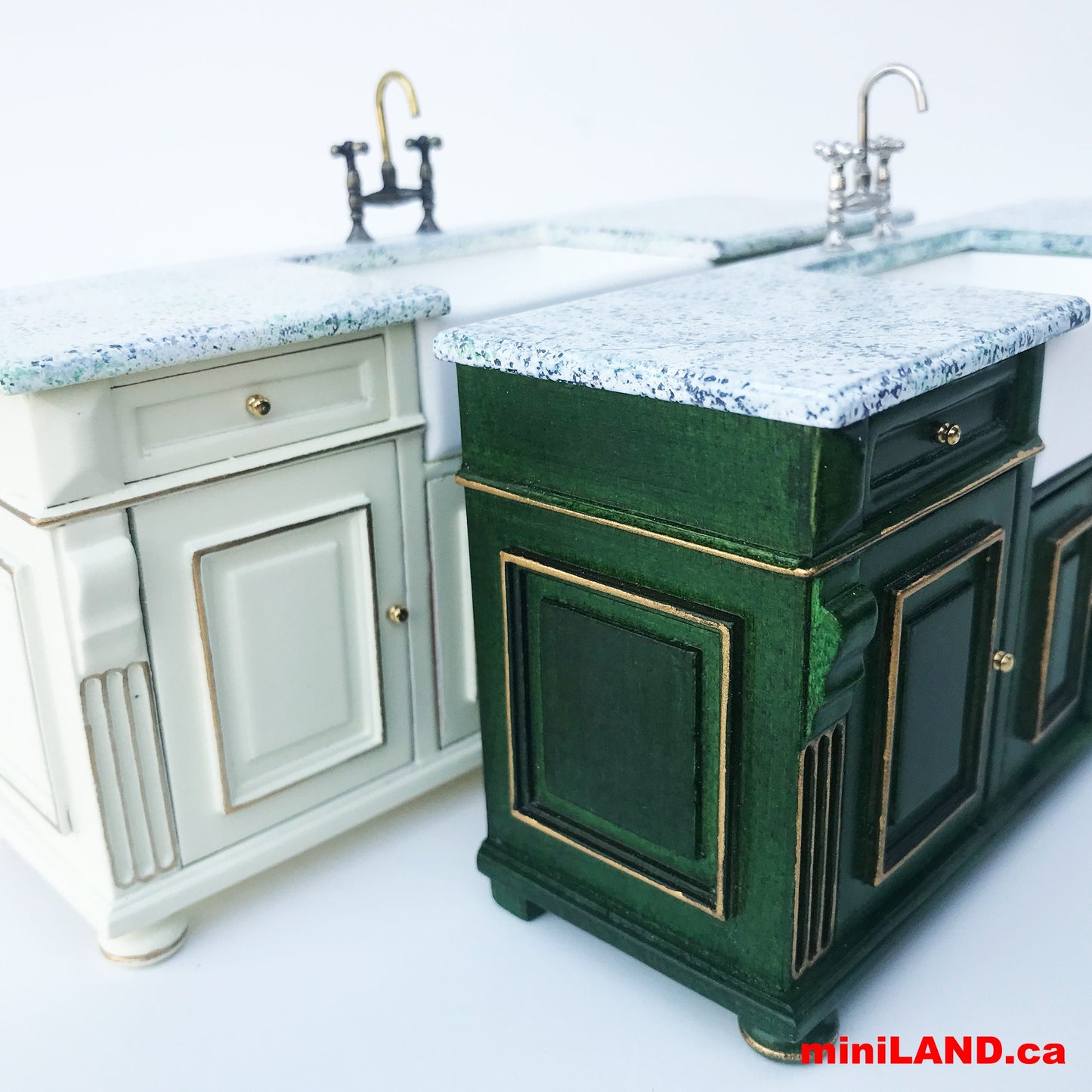 Vintage Green with gold trimming Victorian quality Kitchen sink unit counter with shelf metal sink top 1:12 dollhouse miniature