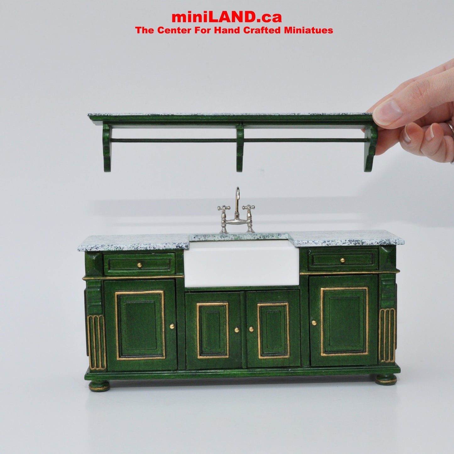 Vintage Green with gold trimming Victorian quality Kitchen sink unit counter with shelf metal sink top 1:12 dollhouse miniature