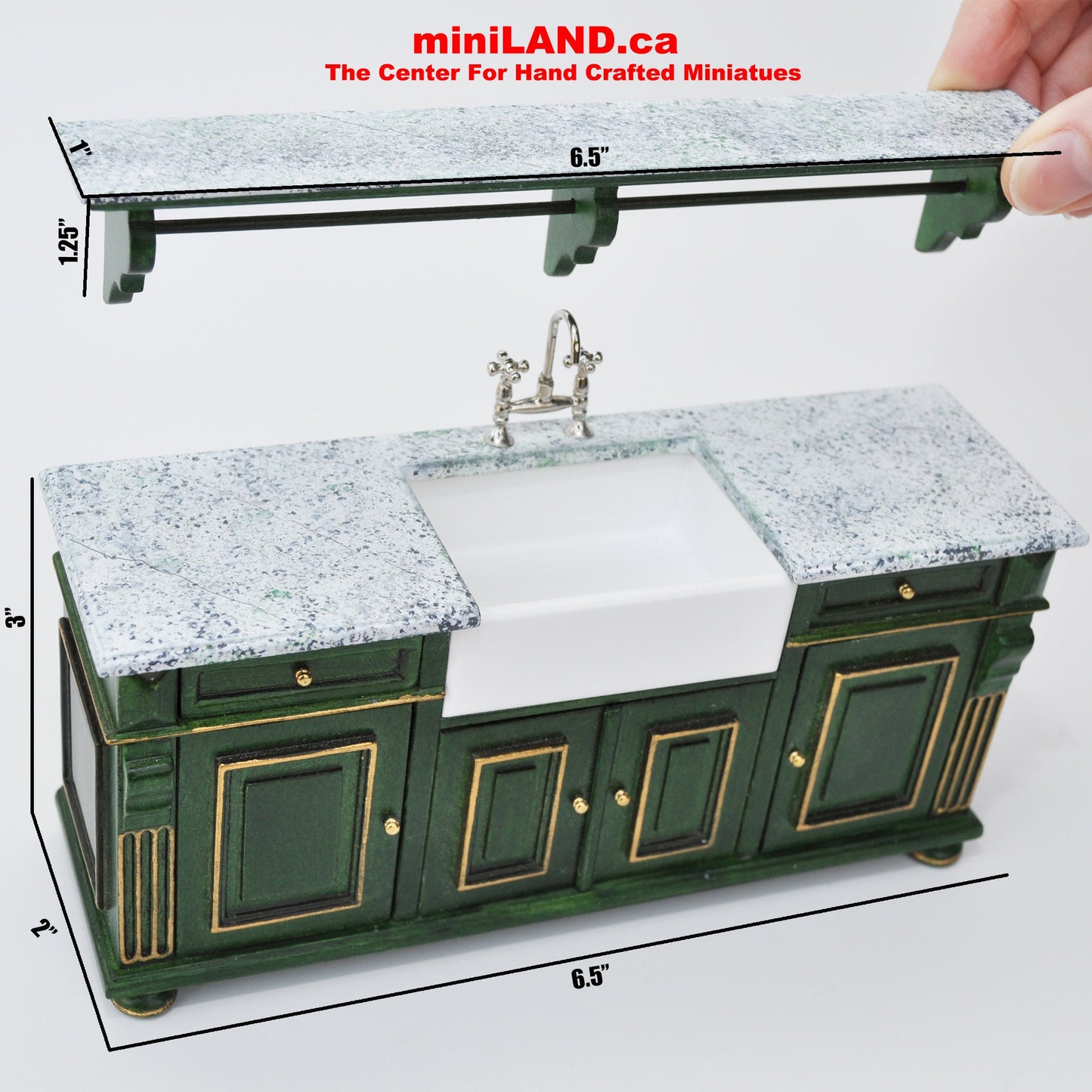Vintage Green with gold trimming Victorian quality Kitchen sink unit counter with shelf metal sink top 1:12 dollhouse miniature