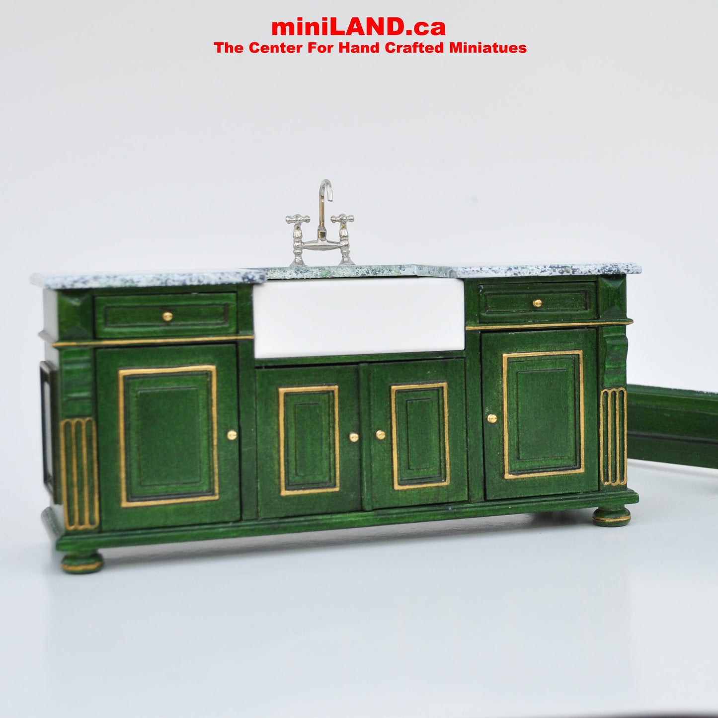 Vintage Green with gold trimming Victorian quality Kitchen sink unit counter with shelf metal sink top 1:12 dollhouse miniature