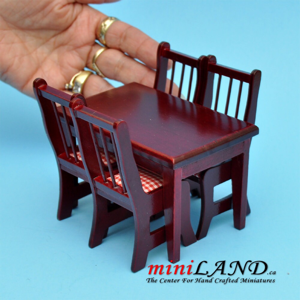 5 pcs country style Kitchen table with chairs MH dollhouse miniature 1:12 for minis plaid cushion set TableMH