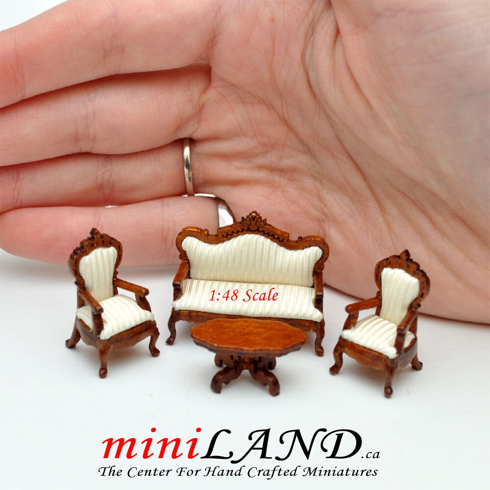 Ensemble de salon victorien 4 pièces à l'échelle 1/4" 1/4" pour maison de poupée miniature en noyer de qualité supérieure Q6770 w WN