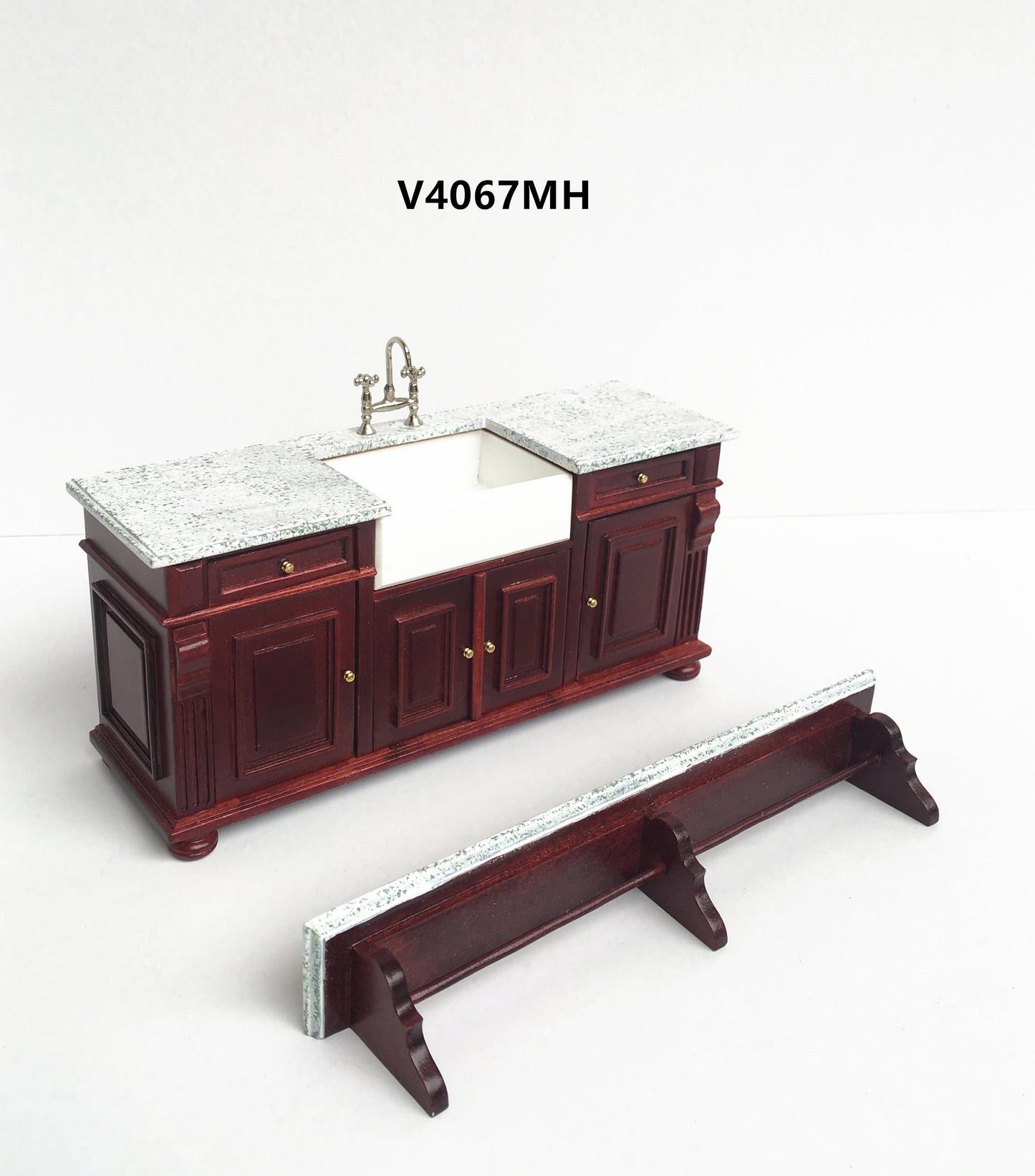 Mahogany Victorian quality Kitchen sink unit counter with shelf metal sink top 1:12 dollhouse miniature
