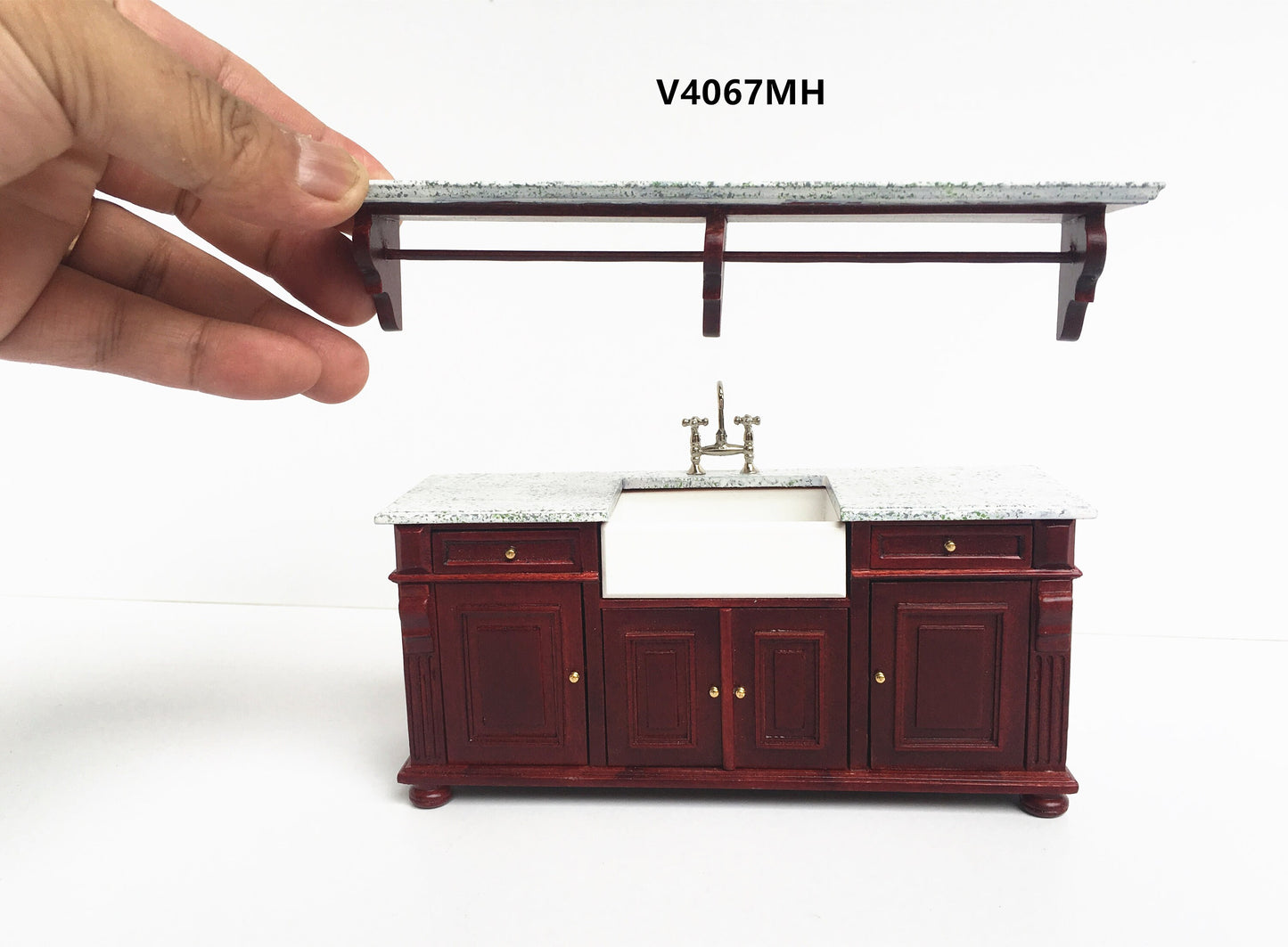 Mahogany Victorian quality Kitchen sink unit counter with shelf metal sink top 1:12 dollhouse miniature