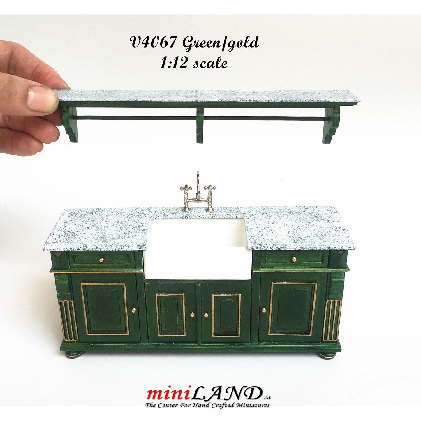 Vintage Green with gold trimming Victorian quality Kitchen sink unit counter with shelf metal sink top 1:12 dollhouse miniature