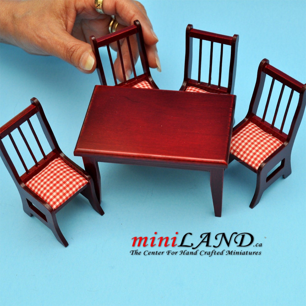 5 pcs country style Kitchen table with chairs MH dollhouse miniature 1:12 for minis plaid cushion set TableMH