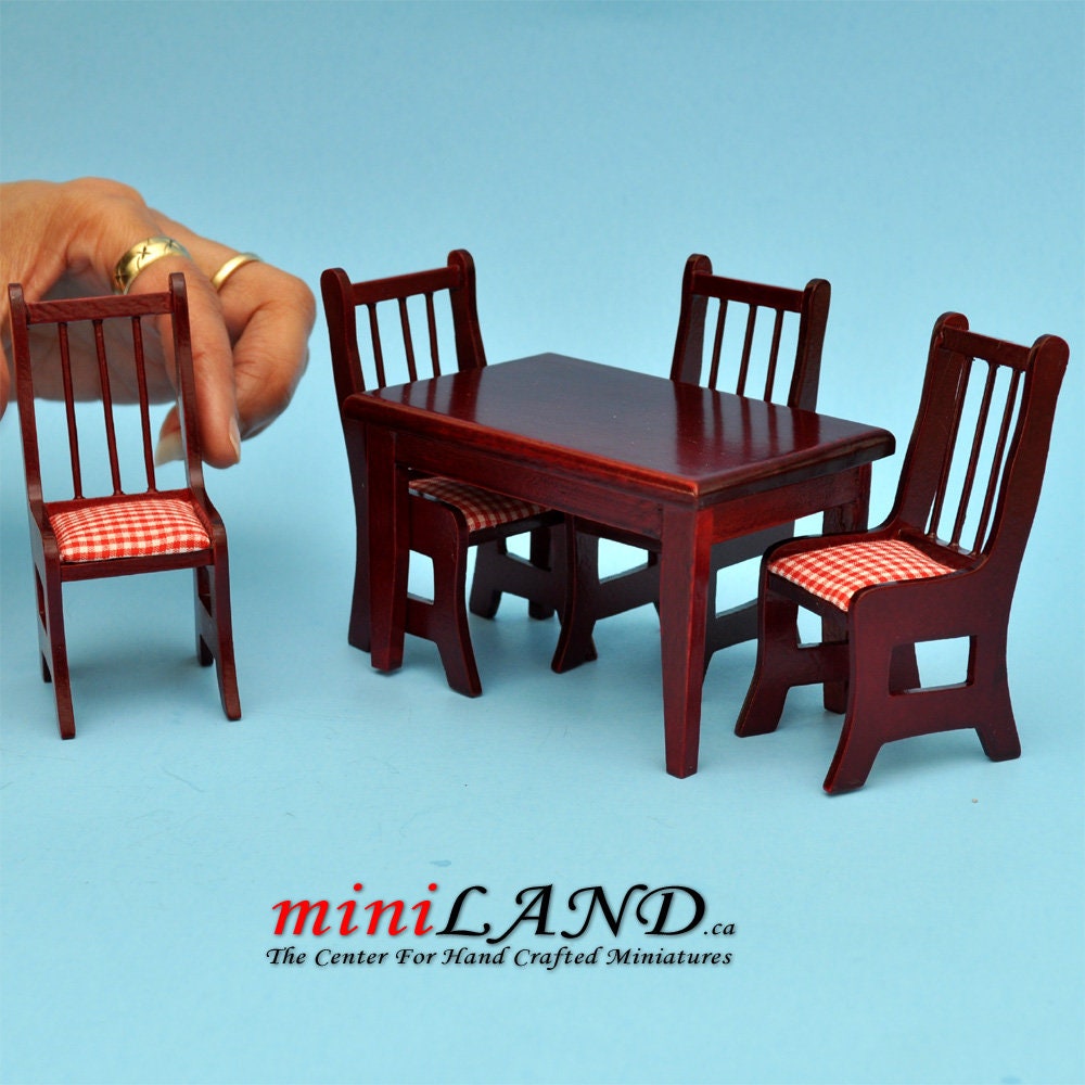 5 pcs country style Kitchen table with chairs MH dollhouse miniature 1:12 for minis plaid cushion set TableMH