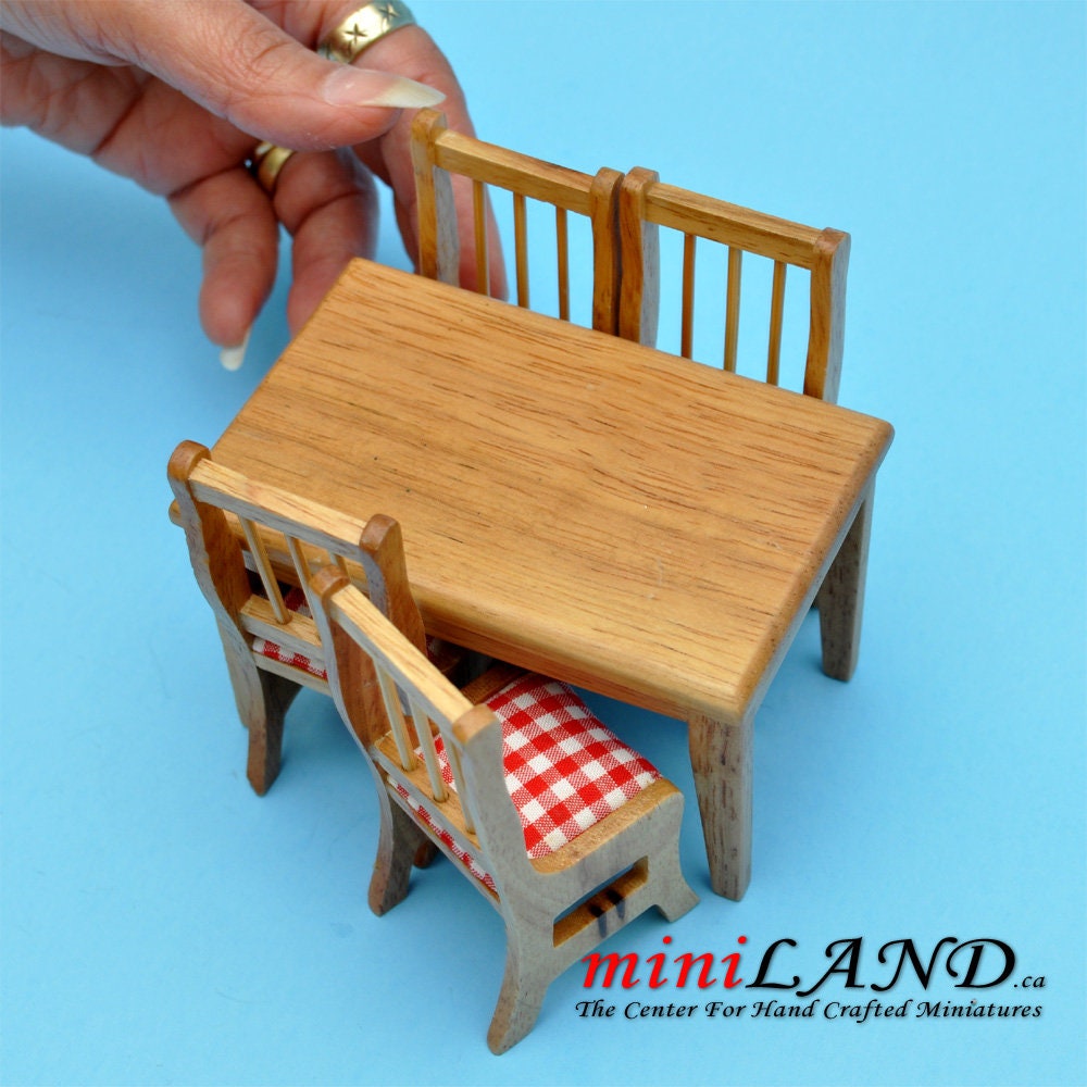 5 pcs country style Kitchen table with chairs oak dollhouse miniature 1:12 for minis plaid cushion set TableOak