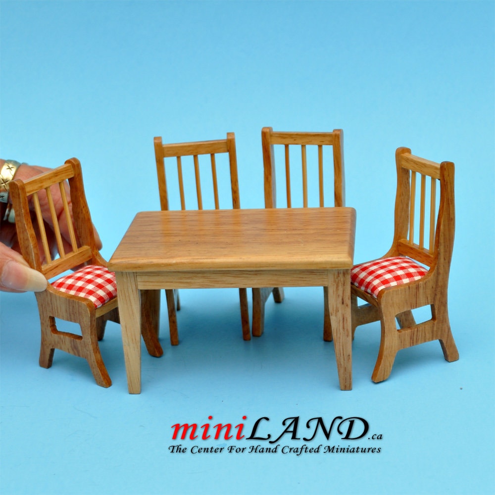 5 pcs country style Kitchen table with chairs oak dollhouse miniature 1:12 for minis plaid cushion set TableOak