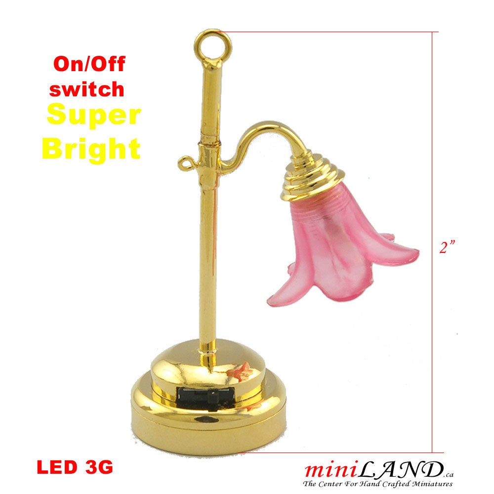 Brass Table Lamp tulip pink LED Super bright with On/off switch for 1:12 dollhouse miniature