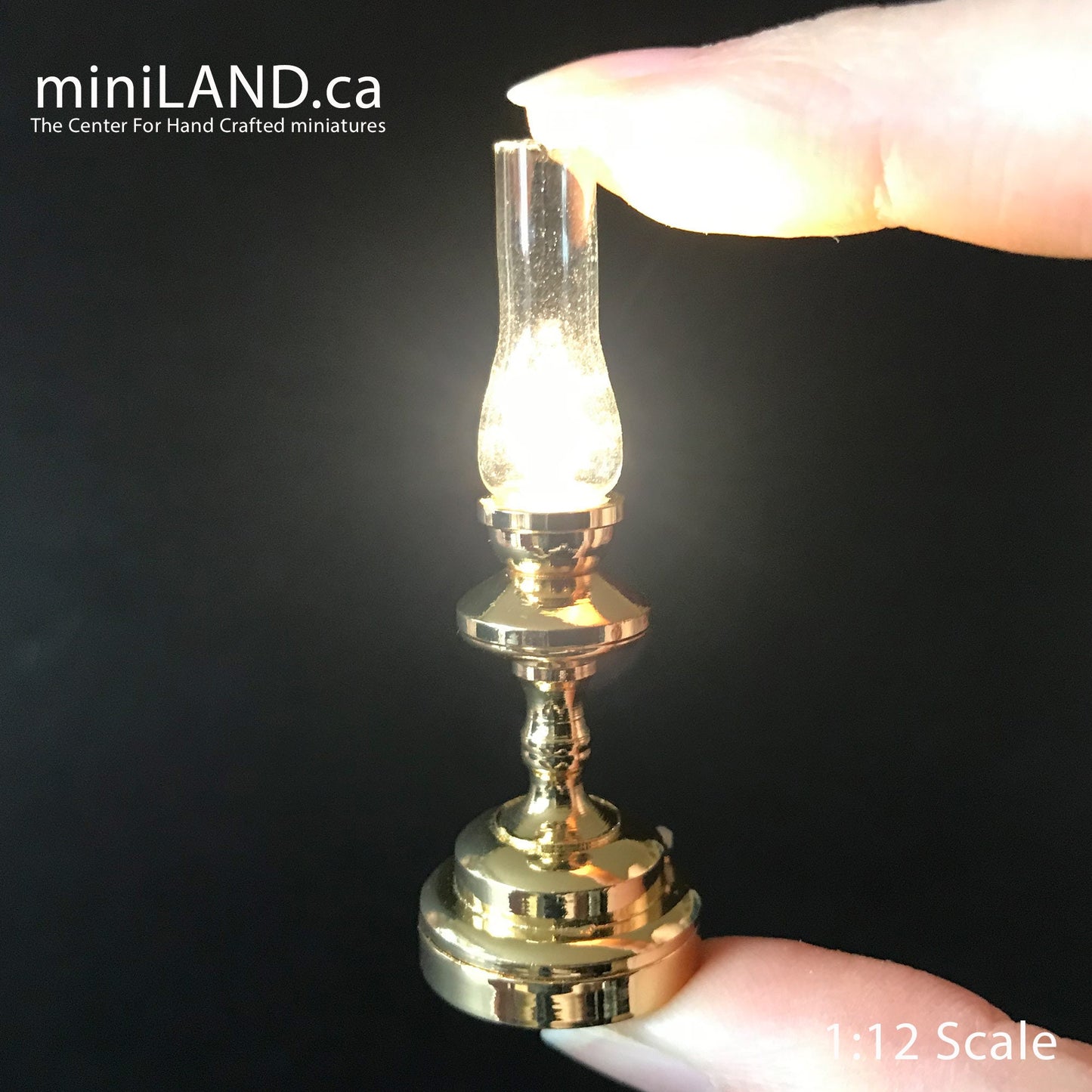 Trad. tall Hurricane brass Lamp LED Super bright with On/off switch for dollhouse miniature 1:12 scale