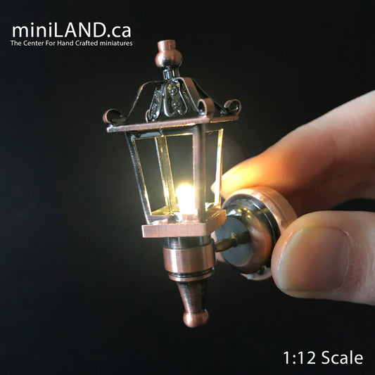 Copper Victorian Carriage Lamp Sconce Super bright LED light with On/off switch for 1:12 dollhouse miniature outdoor