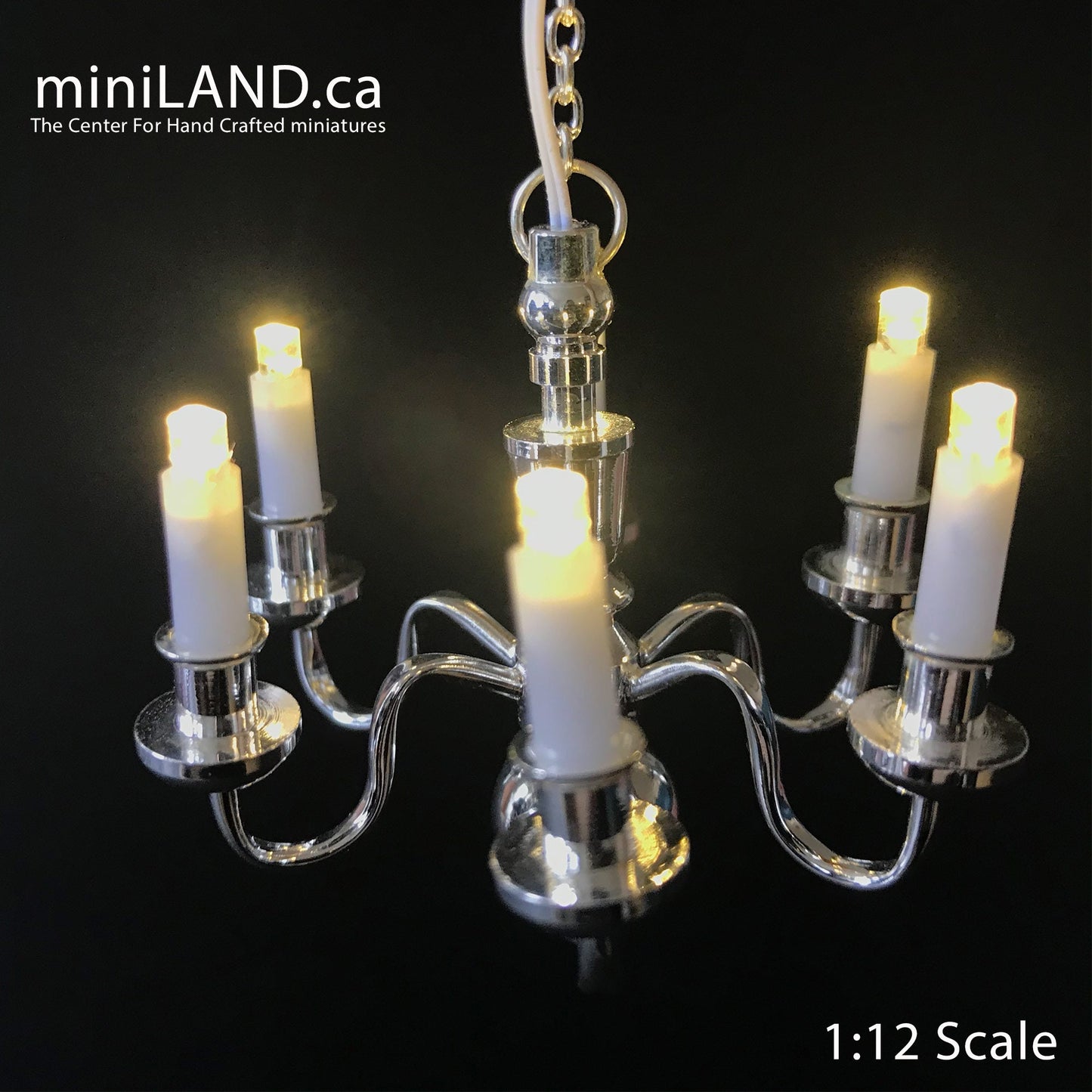 Lustre argenté à 6 bras, lampe LED pour maison de poupée, lumière miniature à piles, bougies marche/arrêt, 1:12, super lumineuse