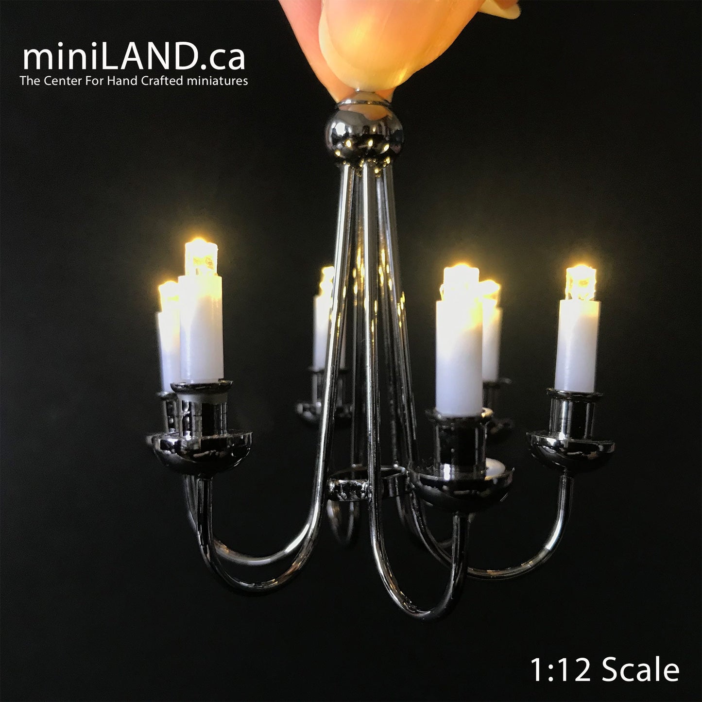 Colonial Black chandelier 6 arms LED LAMP Dollhouse miniature light with battery and on/off switch 1:12 scale