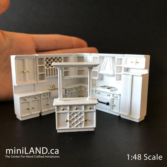 1:48 1/4" quarter scale kitchen set 6pcs wood refrigerator stove sink fridge counter White Q3800SET-W cook