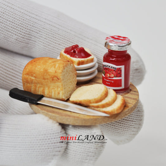 Bread with jam breakfast on wooden tray  1:12 Scale dollhouse miniature handmade food toast - choice of 3 jams!