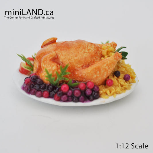 Truthahnplatte Runder Teller - festliches Abendessen im Familienstil Thanksgivings Weihnachten Osterteller Puppenhaus Miniatur 1:12 Maßstab handgefertigt EST7