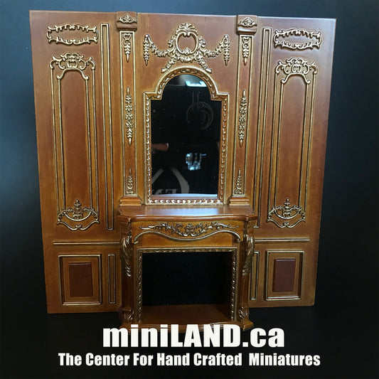 Panneau de cheminée - Gamme Royal Paneling en noyer avec finition dorée pour panneau mural miniature de maison de poupée 1:12