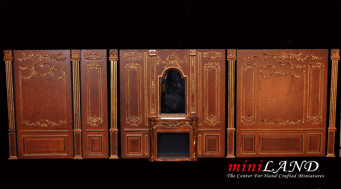 Fireplace panel - Royal Paneling line walnut with gold for 1:12 dollhouse miniature wall panel