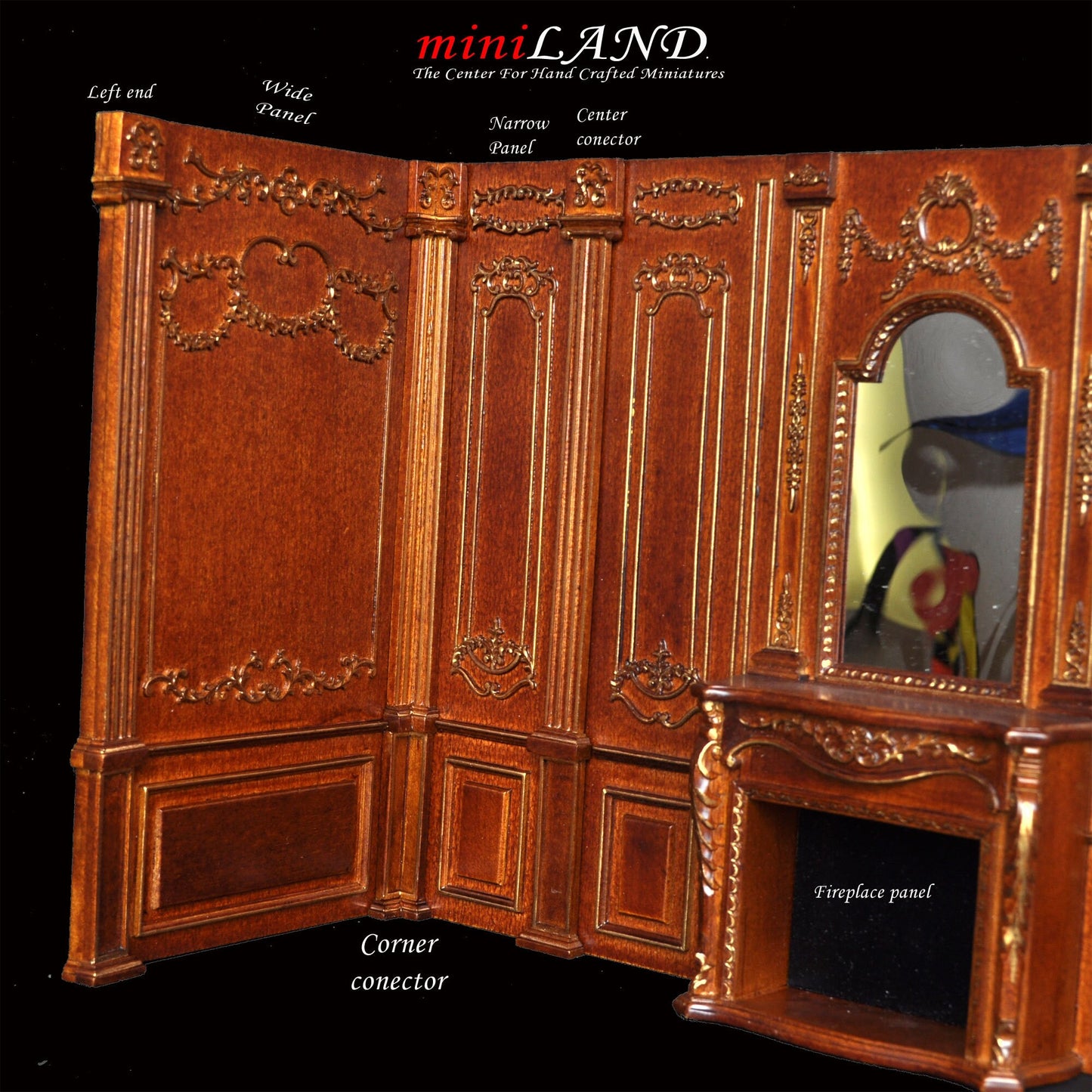 Fireplace panel - Royal Paneling line walnut with gold for 1:12 dollhouse miniature wall panel