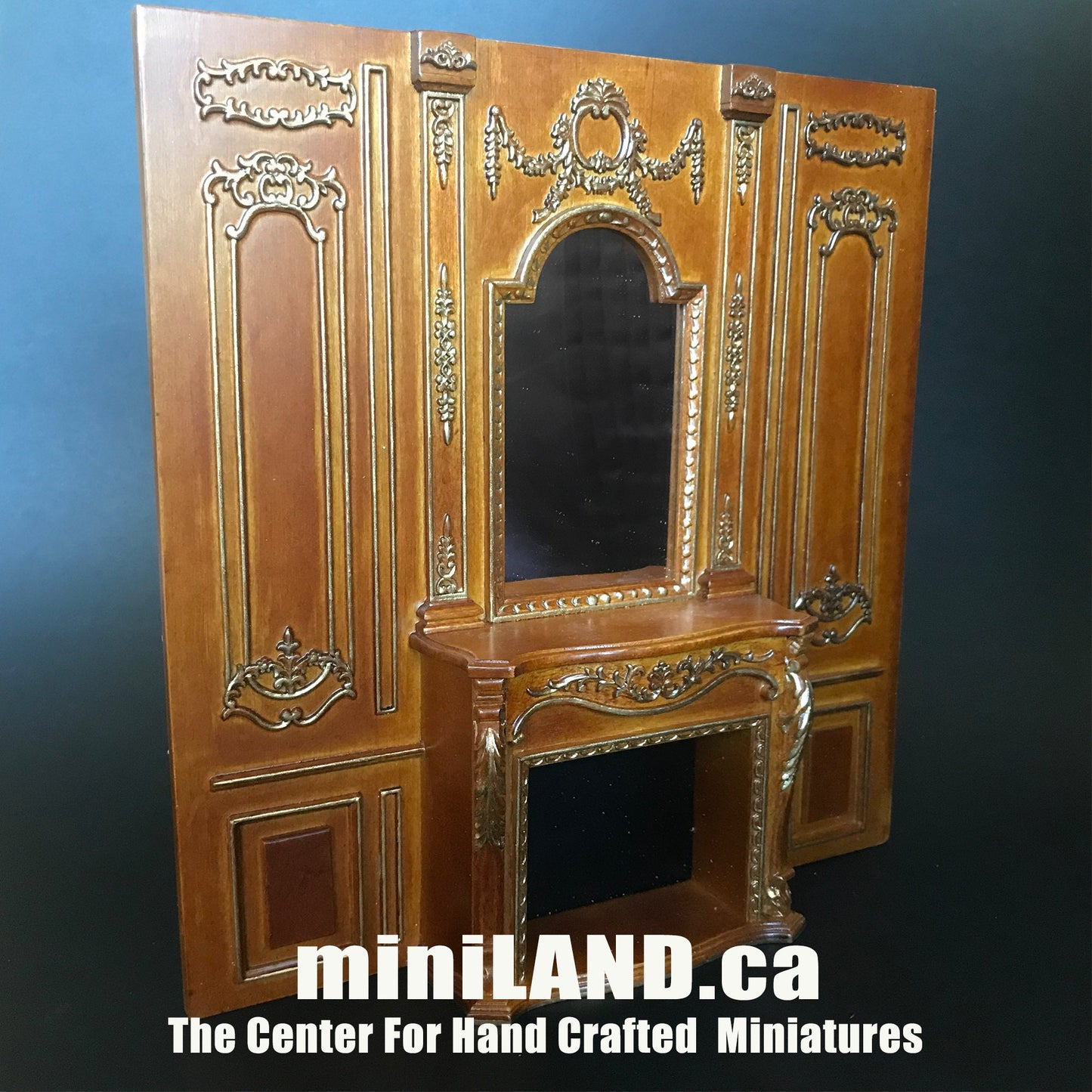 Fireplace panel - Royal Paneling line walnut with gold for 1:12 dollhouse miniature wall panel