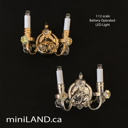 Crystal sconce candles candle regal decorated 2 arms LED LAMP Dollhouse miniature light battery on/off switch super bright