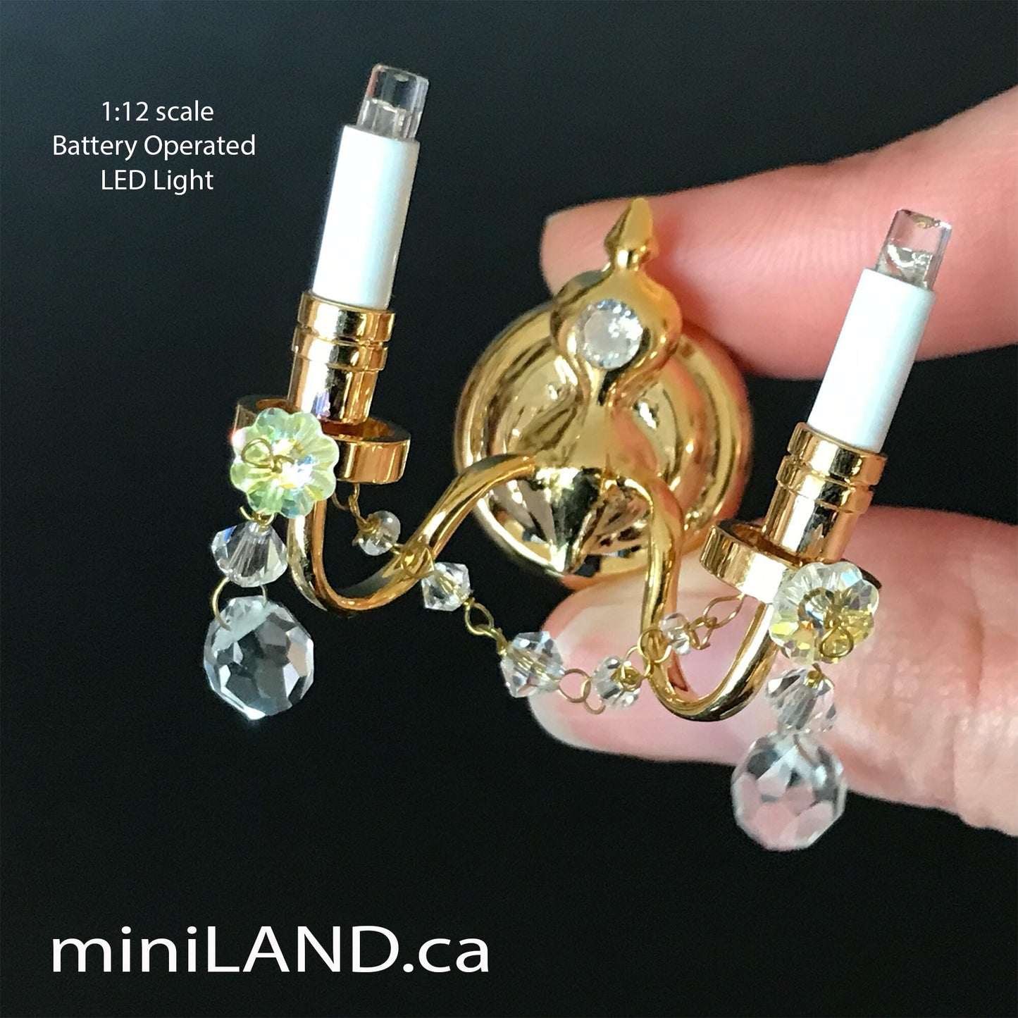 Crystal sconce candles candle regal decorated 2 arms LED LAMP Dollhouse miniature light battery on/off switch super bright