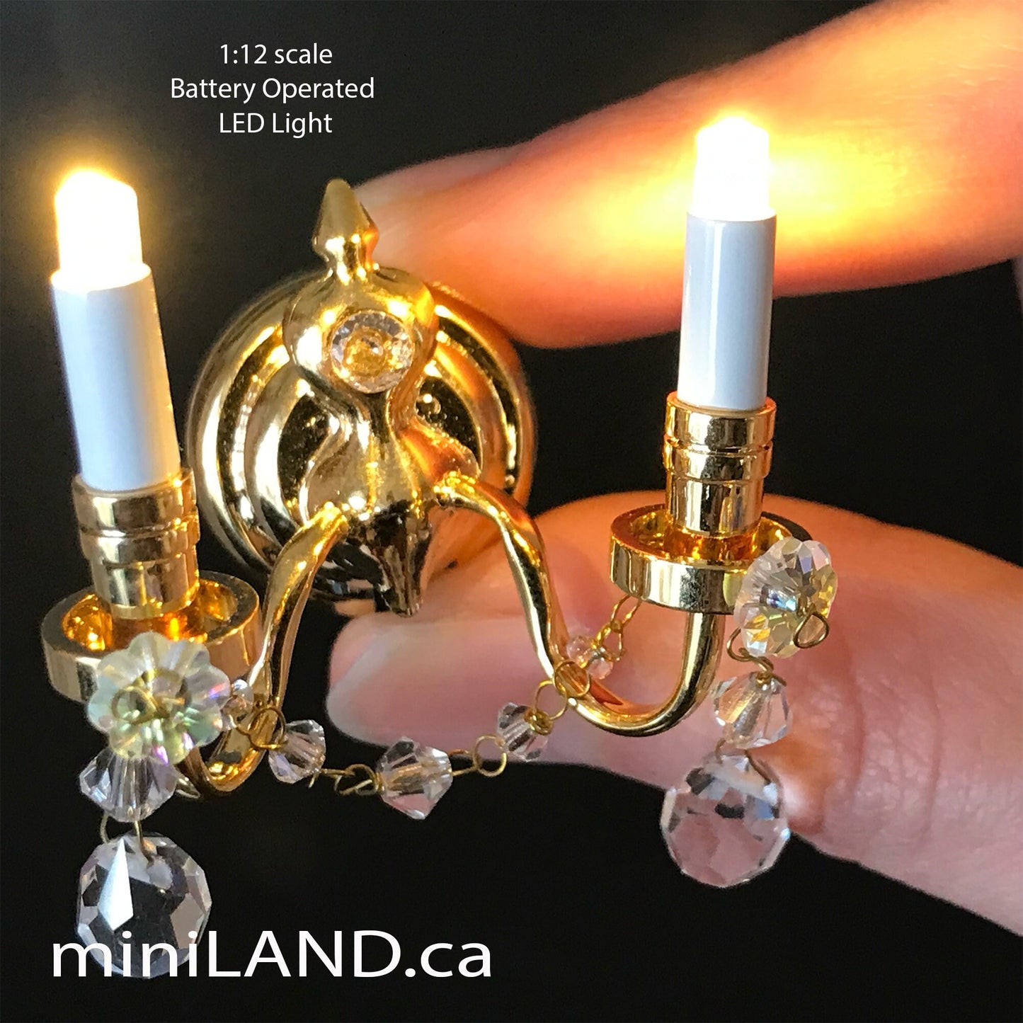 Crystal sconce candles candle regal decorated 2 arms LED LAMP Dollhouse miniature light battery on/off switch super bright