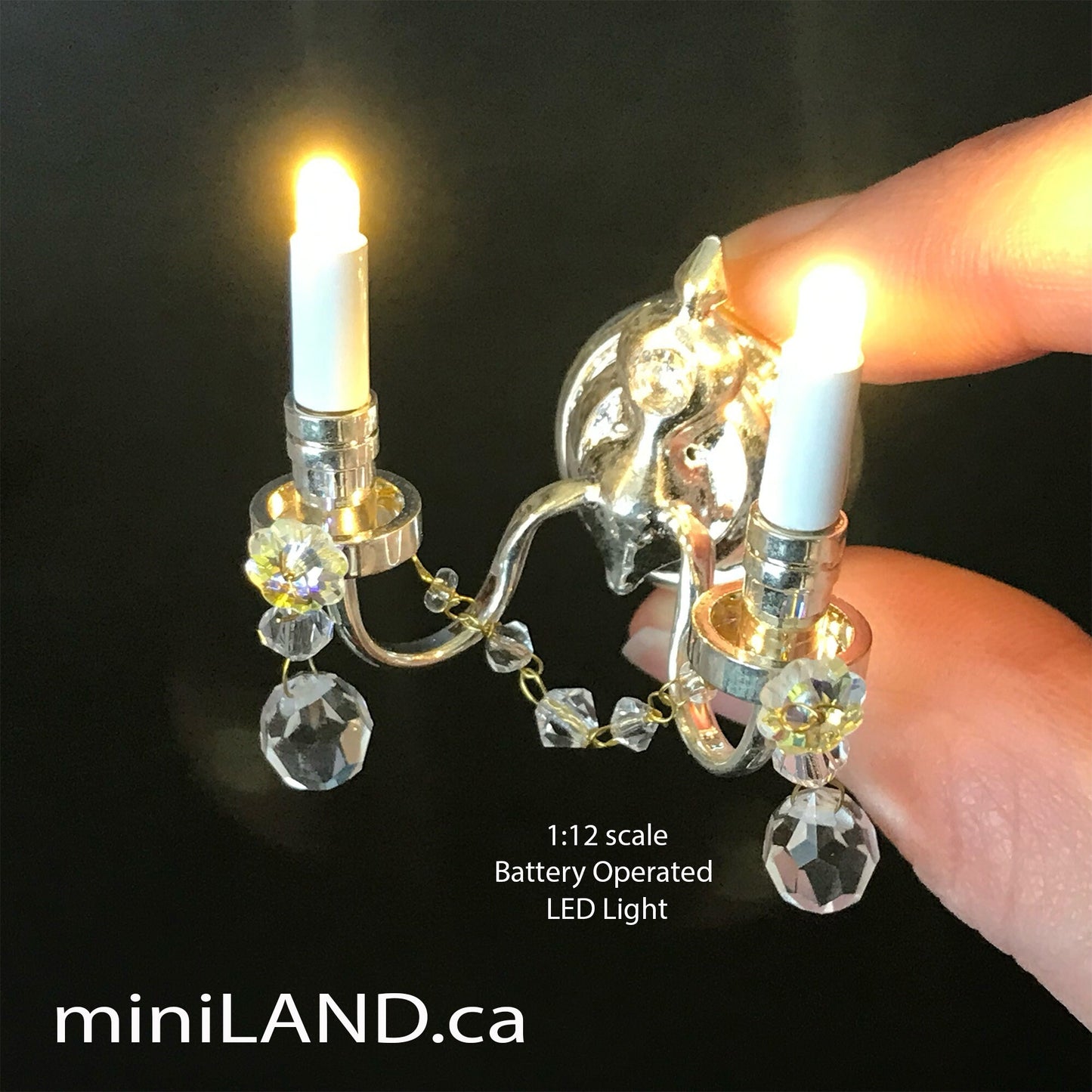 Crystal sconce candles candle regal decorated 2 arms LED LAMP Dollhouse miniature light battery on/off switch super bright