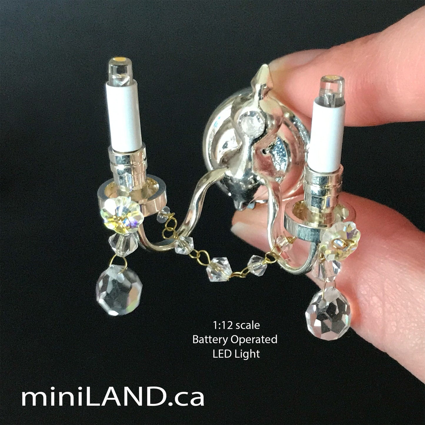 Crystal sconce candles candle regal decorated 2 arms LED LAMP Dollhouse miniature light battery on/off switch super bright