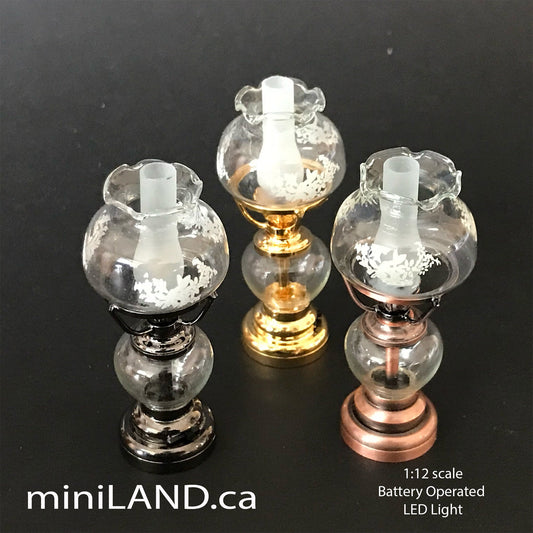 Standing oil lamp light floral glass lampshade battery operated on-off switch for 1:12 dollhouse miniature LED