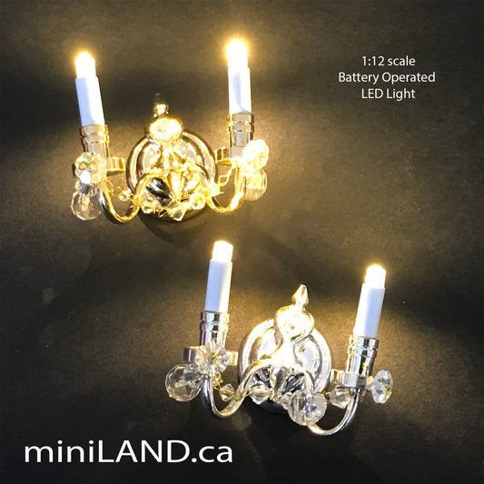 Crystal sconce candles candle regal decorated 2 arms LED LAMP Dollhouse miniature light battery on/off switch super bright