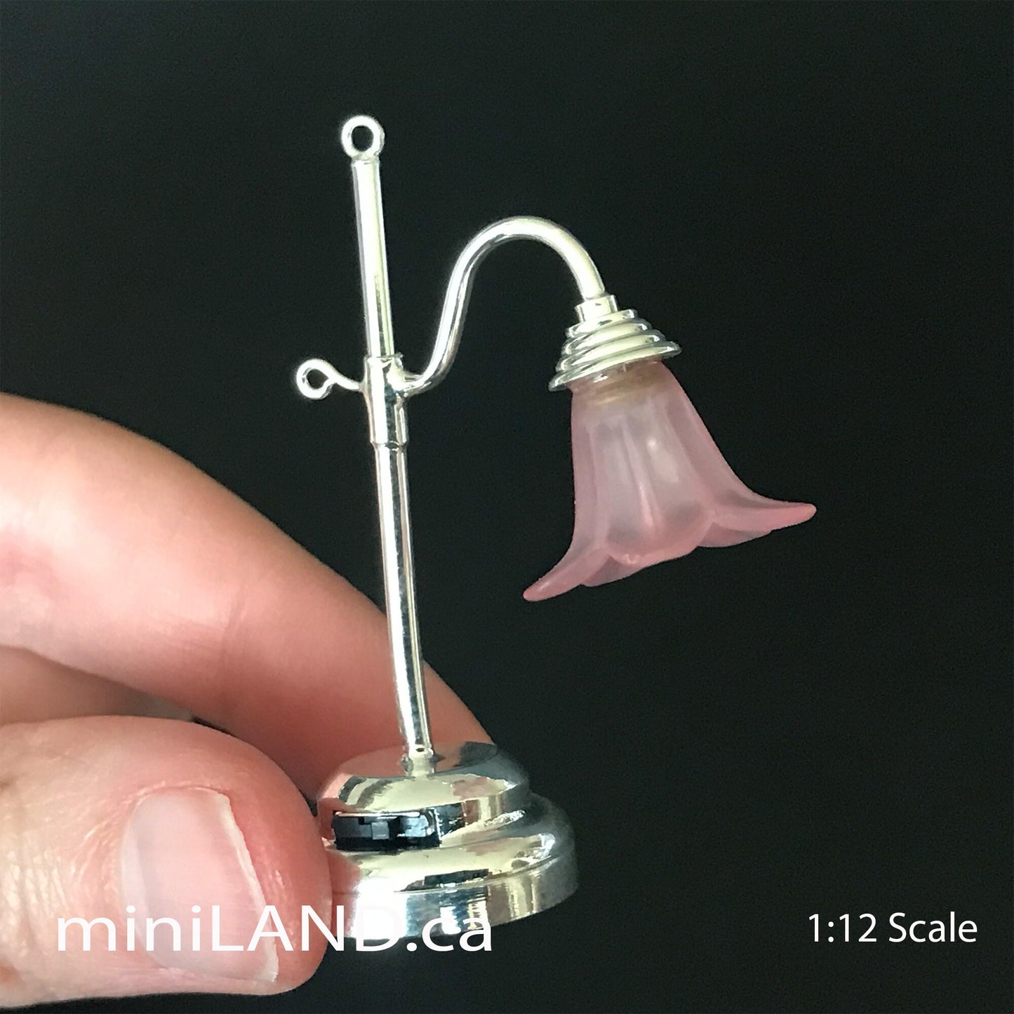 Silver Table Lamp tulip pink LED Super bright with On/off switch for 1:12 dollhouse miniature